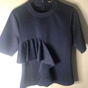 Navy Blue, short sleeve, right side ruffle round collar, zips in the back”